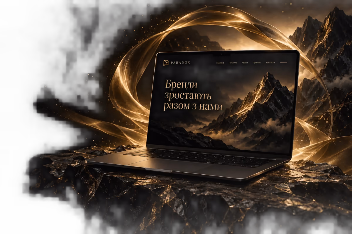 Ноутбук із дизайном сайту серед гір і золотих світлових ліній